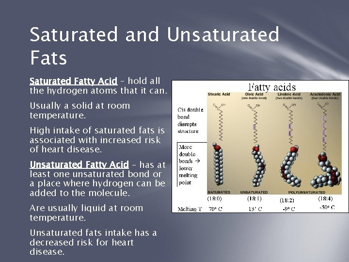 Saturated and Unsaturated Fats Saturated Fatty Acid – hold all the hydrogen atoms that