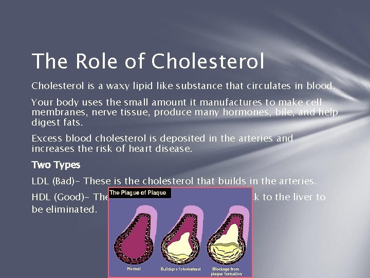 The Role of Cholesterol is a waxy lipid like substance that circulates in blood.
