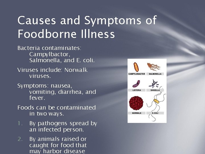 Causes and Symptoms of Foodborne Illness Bacteria contaminates: Campylbactor, Salmonella, and E. coli. Viruses