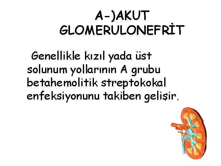 A-)AKUT GLOMERULONEFRİT Genellikle kızıl yada üst solunum yollarının A grubu betahemolitik streptokokal enfeksiyonunu takiben A-)AKUT GLOMERULONEFRİT Genellikle kızıl yada üst solunum yollarının A grubu betahemolitik streptokokal enfeksiyonunu takiben