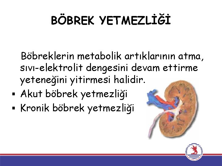 BÖBREK YETMEZLİĞİ Böbreklerin metabolik artıklarının atma, sıvı-elektrolit dengesini devam ettirme yeteneğini yitirmesi halidir. § BÖBREK YETMEZLİĞİ Böbreklerin metabolik artıklarının atma, sıvı-elektrolit dengesini devam ettirme yeteneğini yitirmesi halidir. §