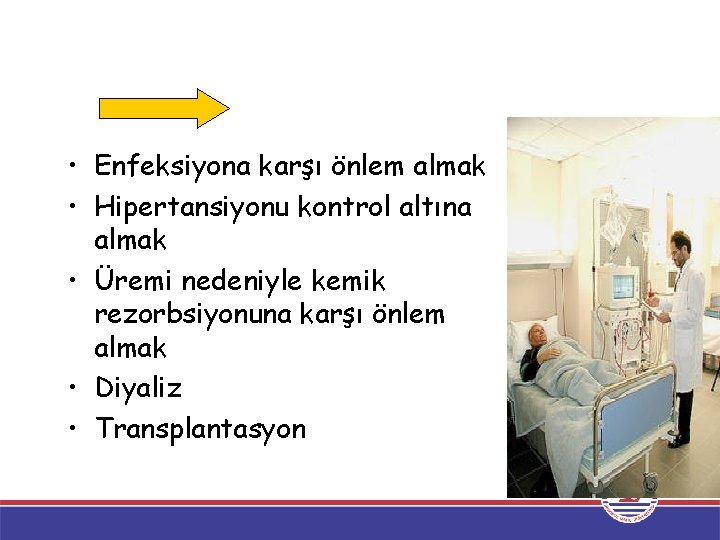 • Enfeksiyona karşı önlem almak • Hipertansiyonu kontrol altına almak • Üremi nedeniyle • Enfeksiyona karşı önlem almak • Hipertansiyonu kontrol altına almak • Üremi nedeniyle