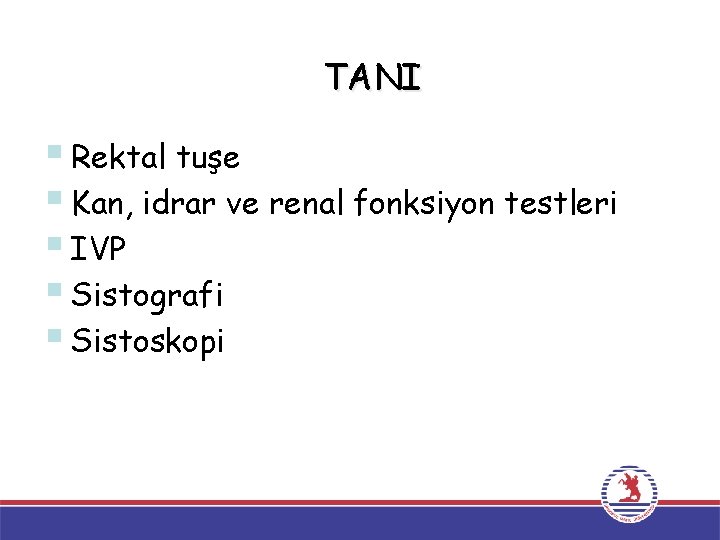 TANI § Rektal tuşe § Kan, idrar ve renal fonksiyon testleri § IVP § TANI § Rektal tuşe § Kan, idrar ve renal fonksiyon testleri § IVP §