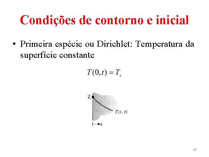 Condições de contorno e inicial • Primeira espécie ou Dirichlet: Temperatura da superfície constante