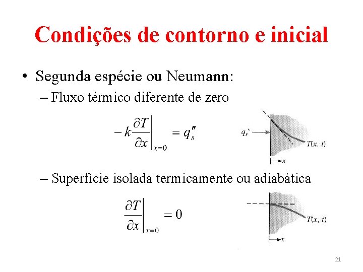 Condições de contorno e inicial • Segunda espécie ou Neumann: – Fluxo térmico diferente