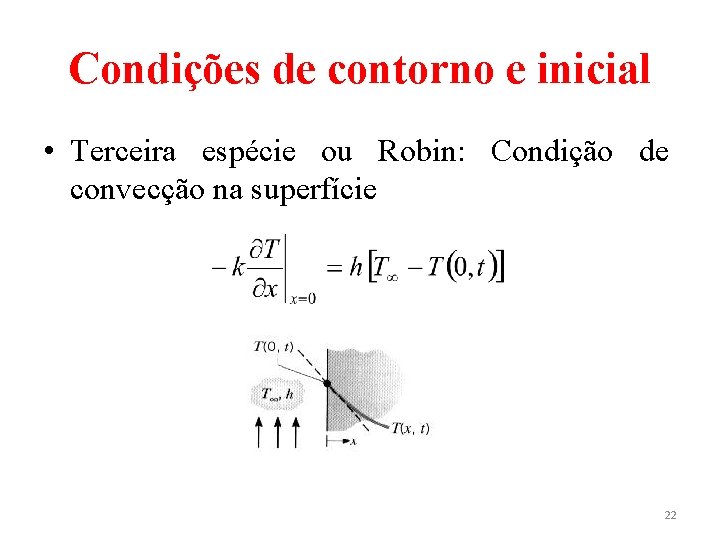 Condições de contorno e inicial • Terceira espécie ou Robin: Condição de convecção na