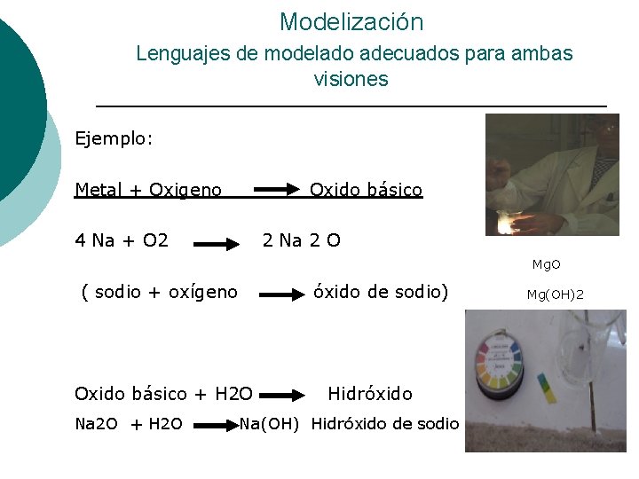 Modelización Lenguajes de modelado adecuados para ambas visiones Ejemplo: Metal + Oxigeno Oxido básico