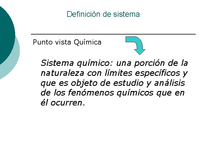 Definición de sistema Punto vista Química Sistema químico: una porción de la naturaleza con