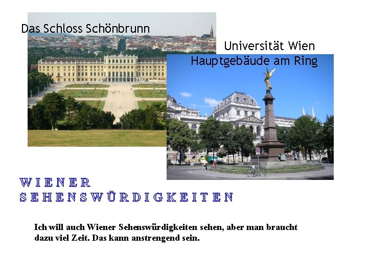 Das Schloss Schönbrunn Universität Wien Hauptgebäude am Ring WIENER SEHENSWÜRDIGKEITEN Ich will auch Wiener