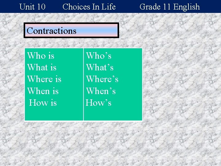 Unit 10 Choices In Life Contractions Who is What is Where is When is