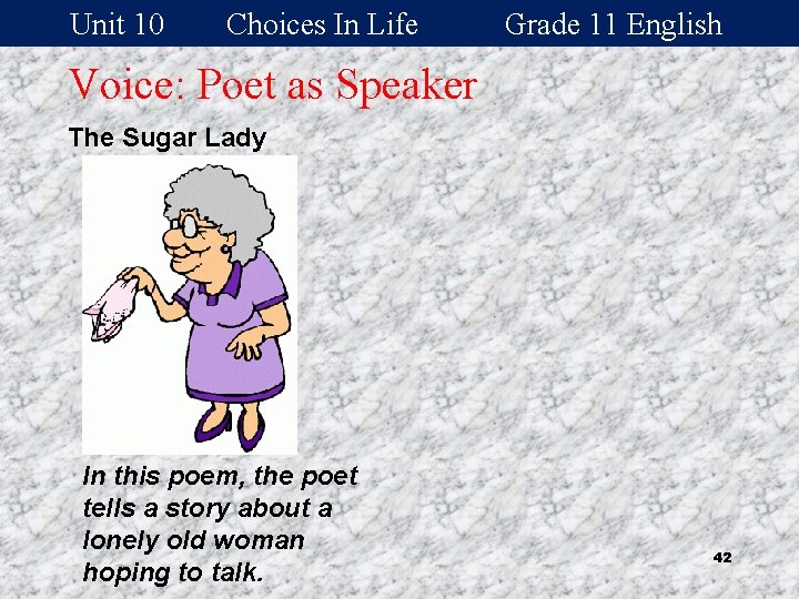 Unit 10 Choices In Life Grade 11 English Voice: Poet as Speaker The Sugar