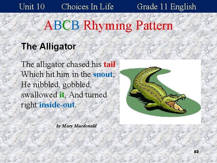 Unit 10 Choices In Life Grade 11 English ABCB Rhyming Pattern The Alligator The
