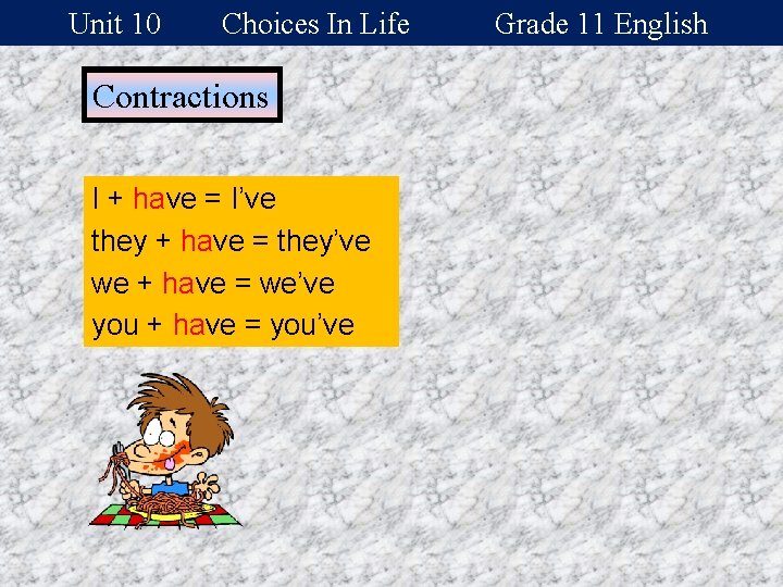 Unit 10 Choices In Life Contractions I + have = I’ve they + have