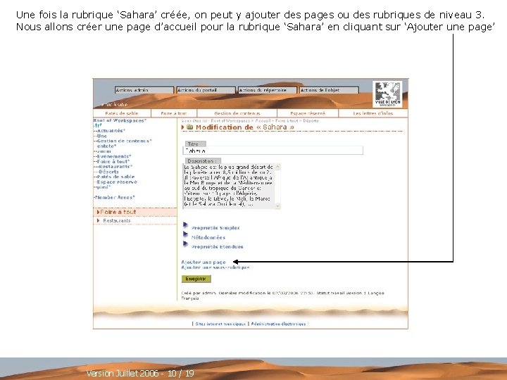 Une fois la rubrique ‘Sahara’ créée, on peut y ajouter des pages ou des