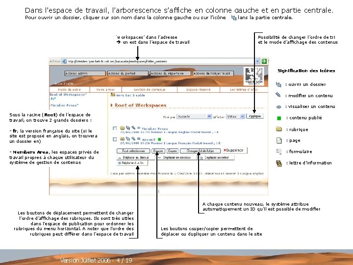 Dans l’espace de travail, l’arborescence s’affiche en colonne gauche et en partie centrale. Pour