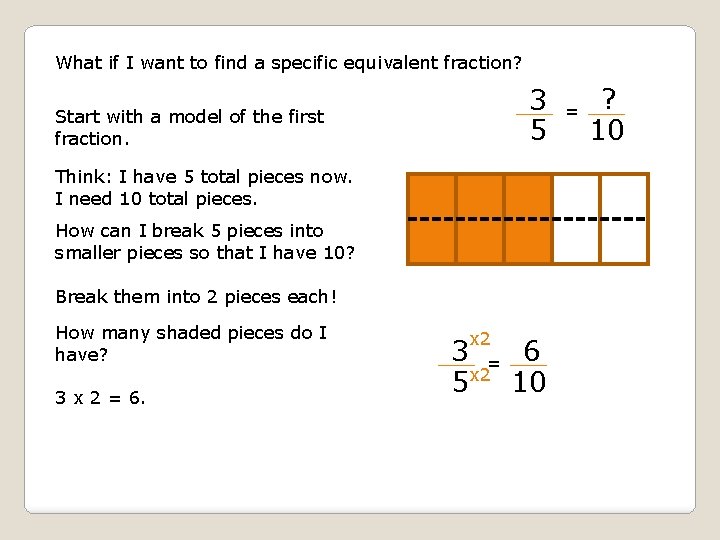 What if I want to find a specific equivalent fraction? 3 5 Start with