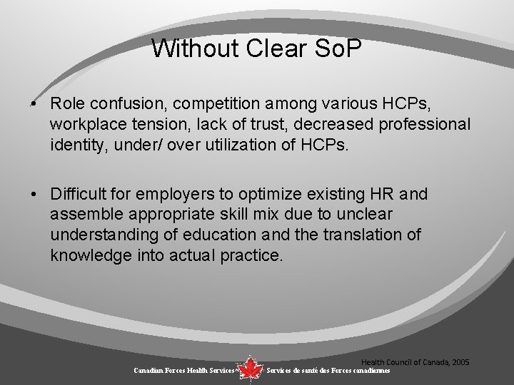 Without Clear So. P • Role confusion, competition among various HCPs, workplace tension, lack