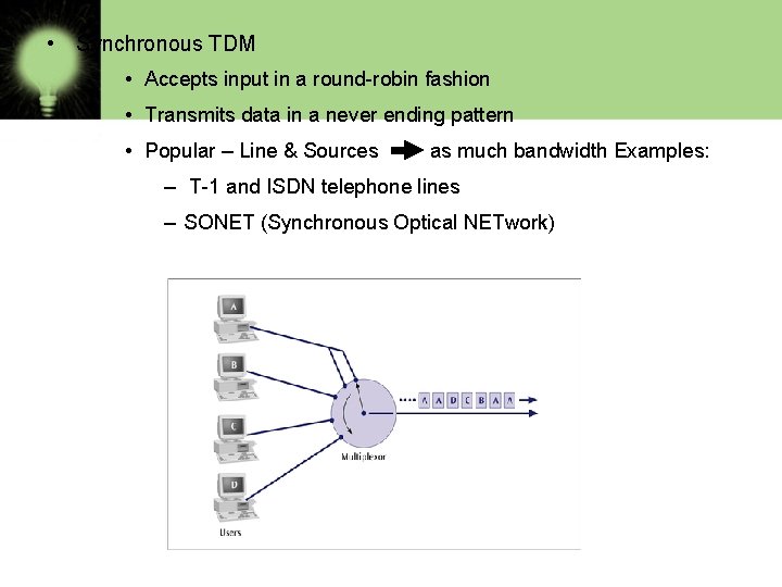  • Synchronous TDM • Accepts input in a round-robin fashion • Transmits data