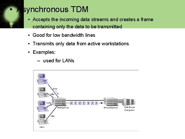  • Asynchronous TDM • Accepts the incoming data streams and creates a frame