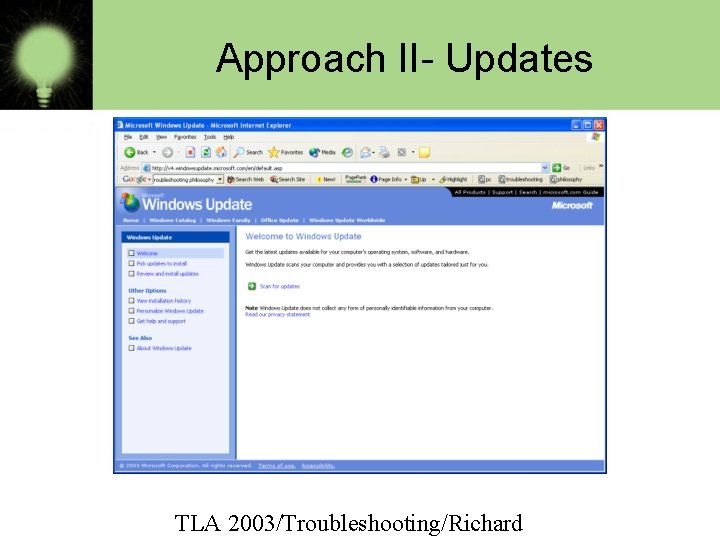 Approach II- Updates TLA 2003/Troubleshooting/Richard 