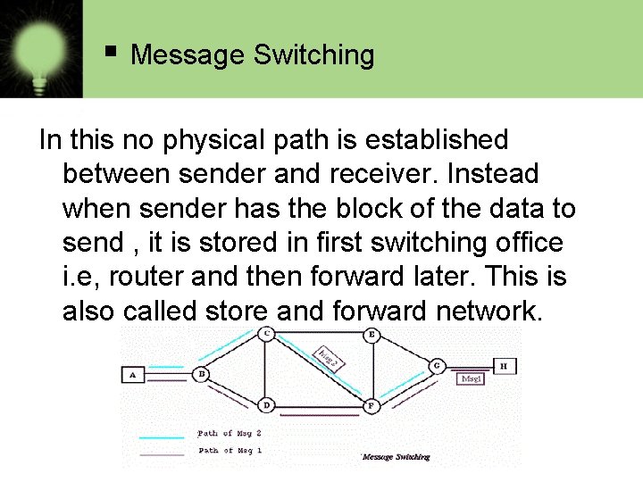 § Message Switching In this no physical path is established between sender and receiver.