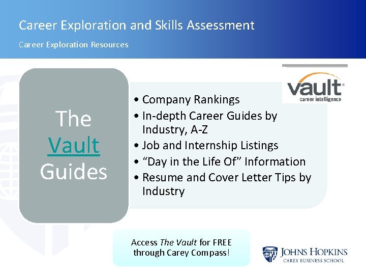 Career Exploration and Skills Assessment Career Exploration Resources The Vault Guides • Company Rankings