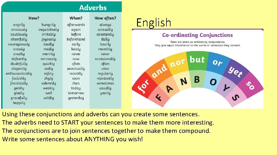 English Using these conjunctions and adverbs can you create some sentences. The adverbs need