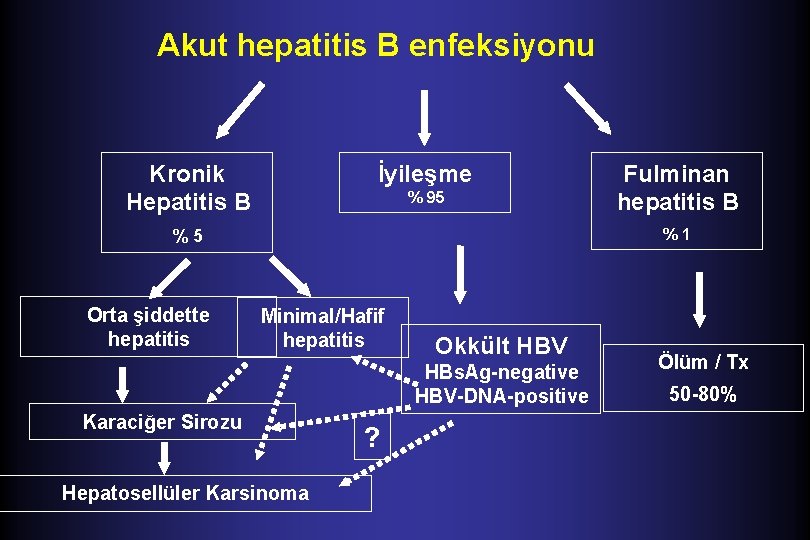Akut hepatitis B enfeksiyonu İyileşme Kronik Hepatitis B % 95 %1 %5 Orta şiddette
