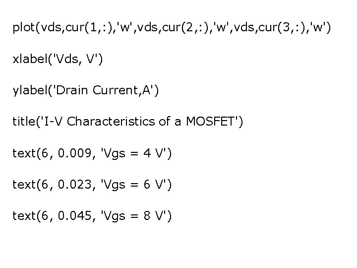 plot(vds, cur(1, : ), 'w', vds, cur(2, : ), 'w', vds, cur(3, : ),