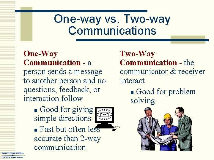 One-way vs. Two-way Communications One-Way Communication - a person sends a message to another