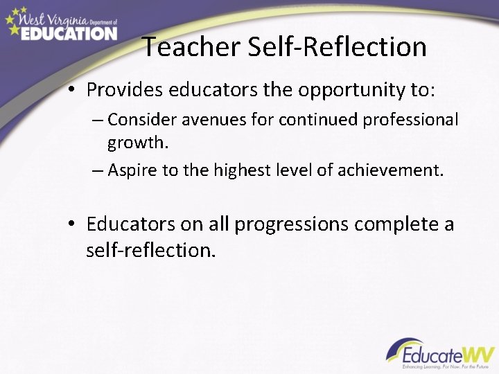 Teacher Self-Reflection • Provides educators the opportunity to: – Consider avenues for continued professional