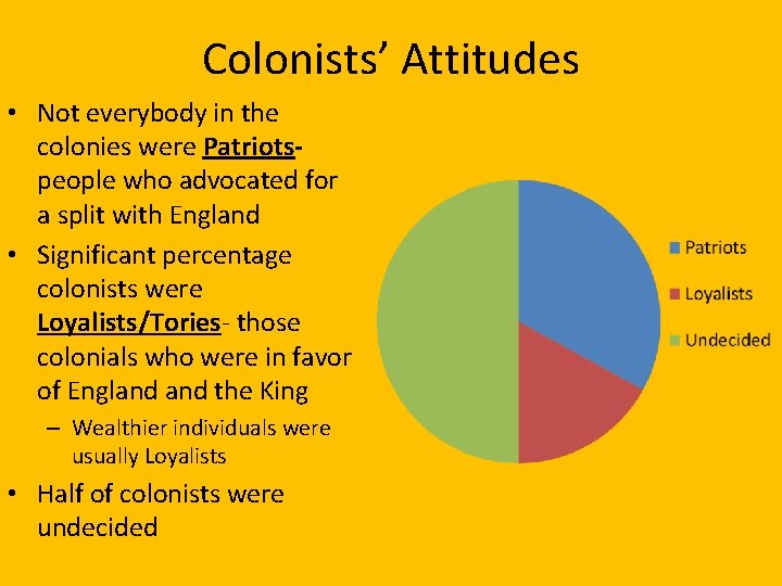 Colonists’ Attitudes • Not everybody in the colonies were Patriotspeople who advocated for a