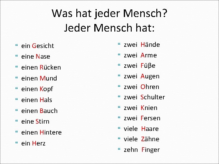 Was hat jeder Mensch? Jeder Mensch hat: ein Gesicht eine Nase einen Rücken einen