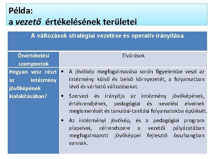 Példa: a vezető értékelésének területei A változások stratégiai vezetése és operatív irányítása Önértékelési Elvárások