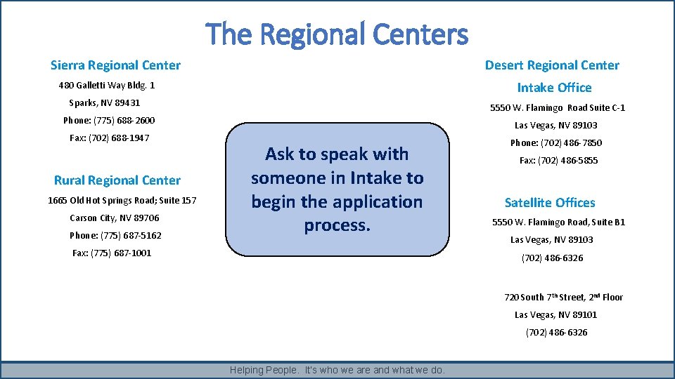 The Regional Centers Desert Regional Center Sierra Regional Center Intake Office 480 Galletti Way The Regional Centers Desert Regional Center Sierra Regional Center Intake Office 480 Galletti Way