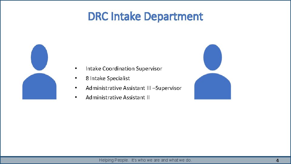 DRC Intake Department • Intake Coordination Supervisor • 8 Intake Specialist • Administrative Assistant DRC Intake Department • Intake Coordination Supervisor • 8 Intake Specialist • Administrative Assistant