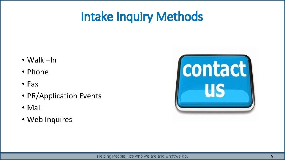 Intake Inquiry Methods • Walk –In • Phone • Fax • PR/Application Events • Intake Inquiry Methods • Walk –In • Phone • Fax • PR/Application Events •