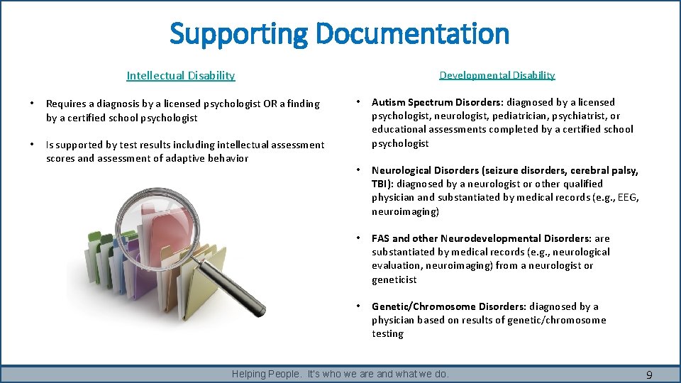 Supporting Documentation Intellectual Disability • Requires a diagnosis by a licensed psychologist OR a Supporting Documentation Intellectual Disability • Requires a diagnosis by a licensed psychologist OR a
