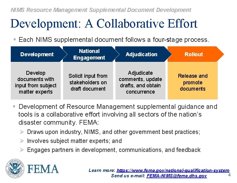 NIMS Resource Management Supplemental Document Development: A Collaborative Effort § Each NIMS supplemental document