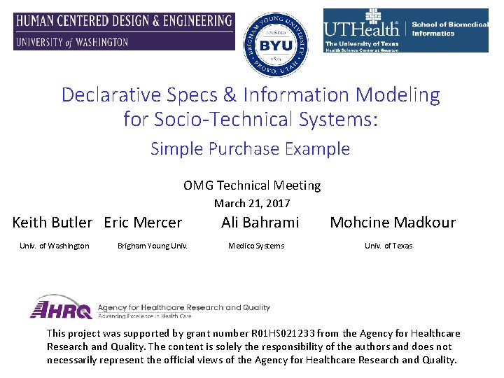 Declarative Specs & Information Modeling for Socio-Technical Systems: Simple Purchase Example OMG Technical Meeting