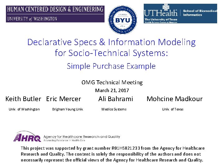 Declarative Specs & Information Modeling for Socio-Technical Systems: Simple Purchase Example OMG Technical Meeting