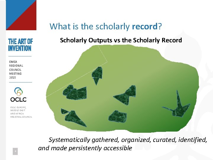 What is the scholarly record? Scholarly Outputs vs the Scholarly Record EMEA REGIONAL COUNCIL