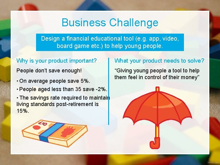 Business Challenge Design a financial educational tool (e. g. app, video, board game etc.