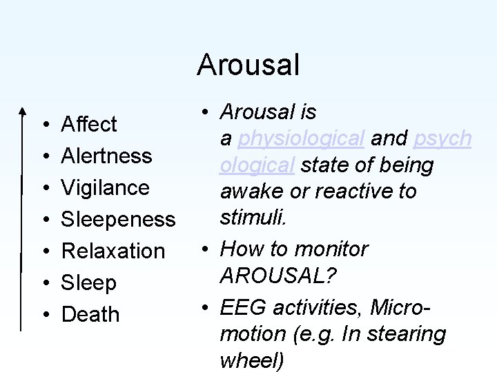 Arousal • • Affect Alertness Vigilance Sleepeness Relaxation Sleep Death • Arousal is a