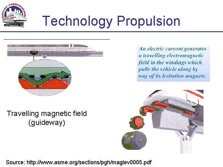 Technology Propulsion Travelling magnetic field (guideway) Source: http: //www. asme. org/sections/pgh/maglev 0005. pdf 