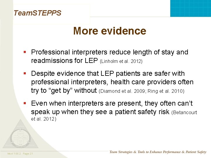 Team. STEPPS More evidence § Professional interpreters reduce length of stay and readmissions for Team. STEPPS More evidence § Professional interpreters reduce length of stay and readmissions for