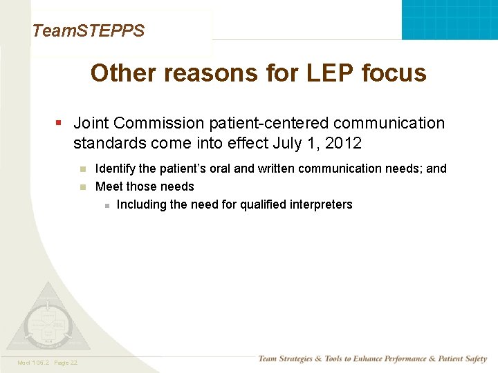 Team. STEPPS Other reasons for LEP focus § Joint Commission patient-centered communication standards come Team. STEPPS Other reasons for LEP focus § Joint Commission patient-centered communication standards come