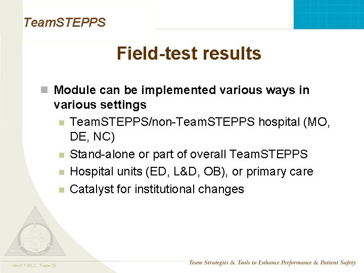Team. STEPPS Field-test results n Module can be implemented various ways in various settings Team. STEPPS Field-test results n Module can be implemented various ways in various settings