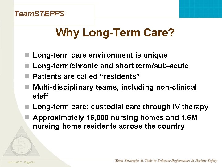 Team. STEPPS Why Long-Term Care? n Long-term care environment is unique n Long-term/chronic and Team. STEPPS Why Long-Term Care? n Long-term care environment is unique n Long-term/chronic and
