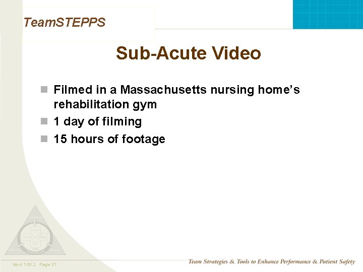 Team. STEPPS Sub-Acute Video n Filmed in a Massachusetts nursing home’s rehabilitation gym n Team. STEPPS Sub-Acute Video n Filmed in a Massachusetts nursing home’s rehabilitation gym n